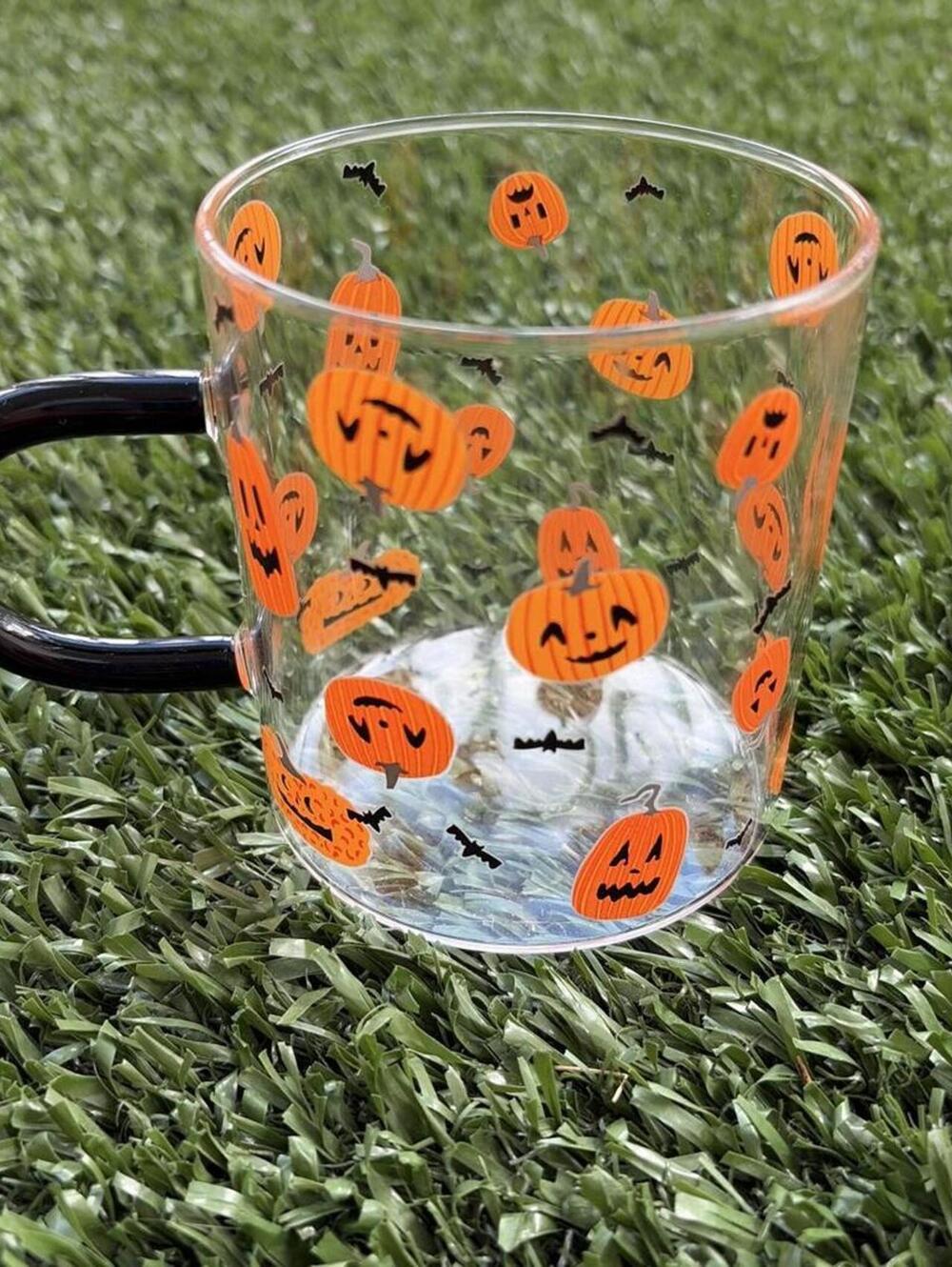 Halloween Glass Mug with Orange Jack-o'-Lantern and Black Bat Design
